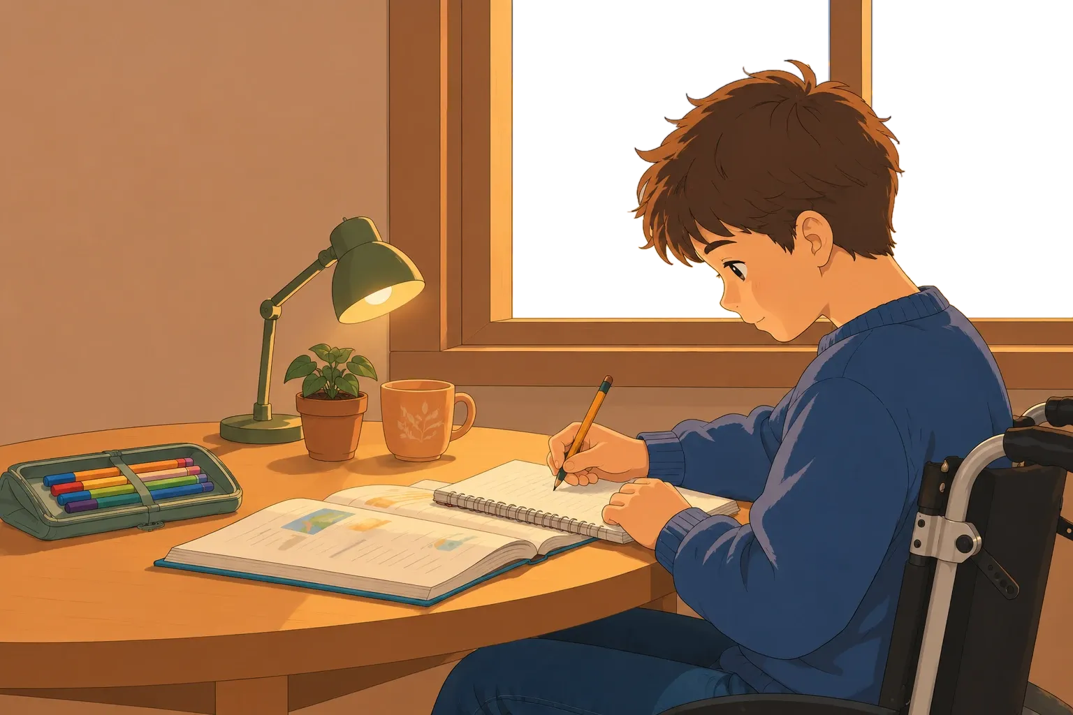 Illustration : un garçon en fauteuil roulant écrit dans son cahier à une table ronde, sous une lampe, devant une fenêtre au coucher du soleil ; un rouge-gorge vient se poser sur le rebord